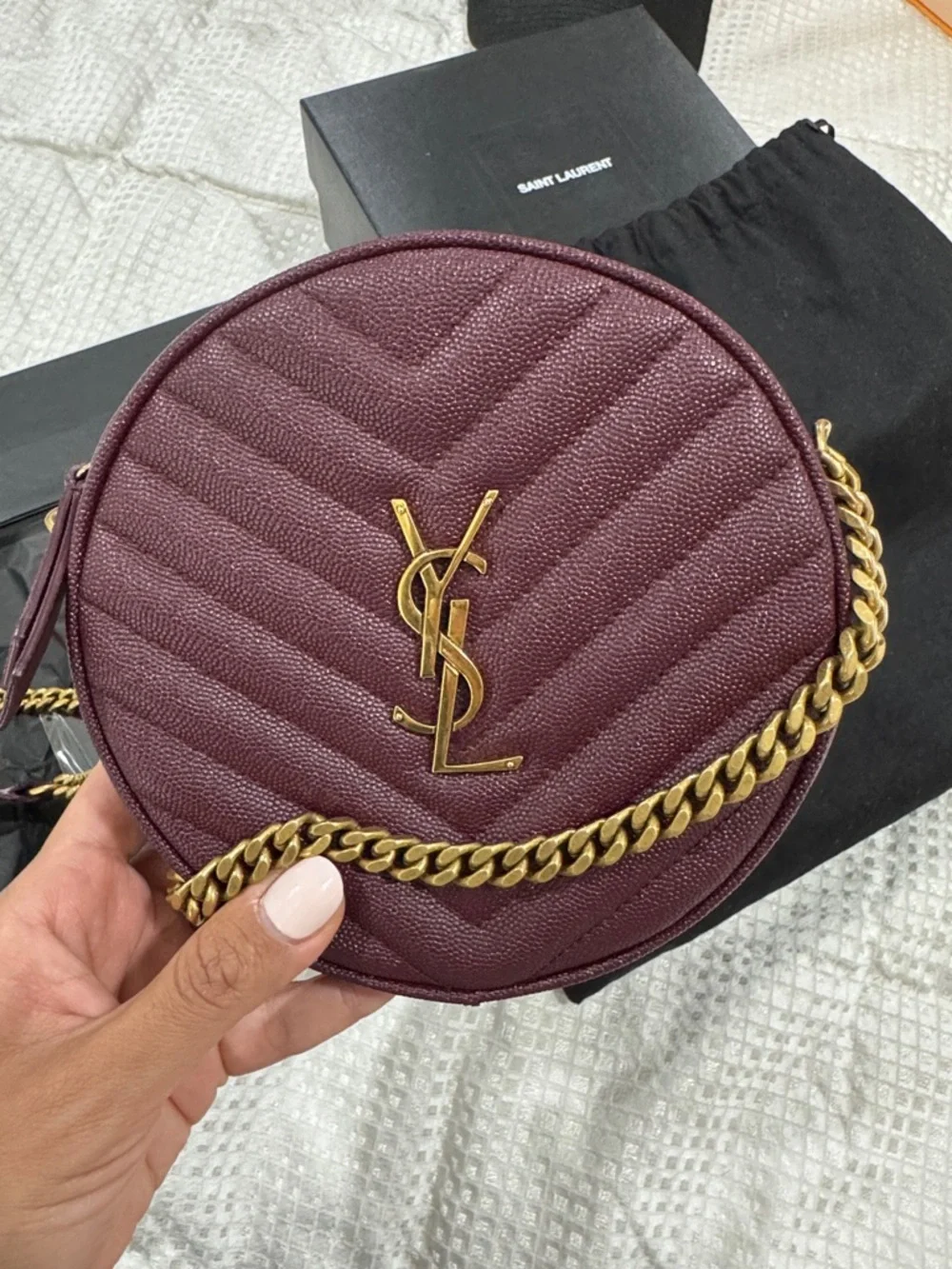 Saint Laurent Wine Quilted Round Crossbody with Gold YSL Chain - Picture 4 of 13